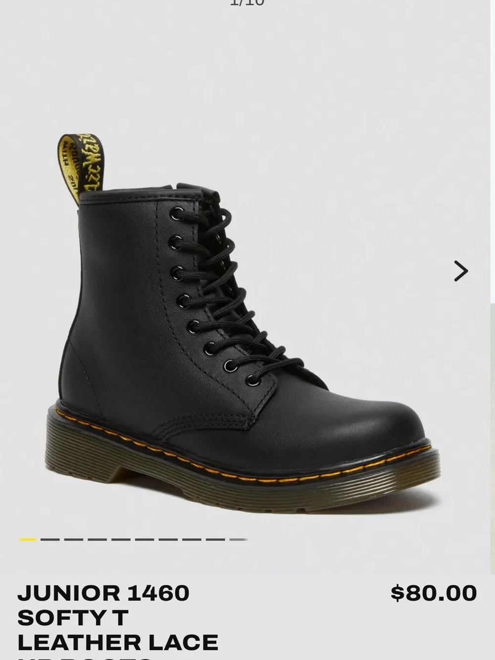 Dr. Martens Kids Black Leather 8-Eye Lace-Up‎ Boot with Yellow Stitching